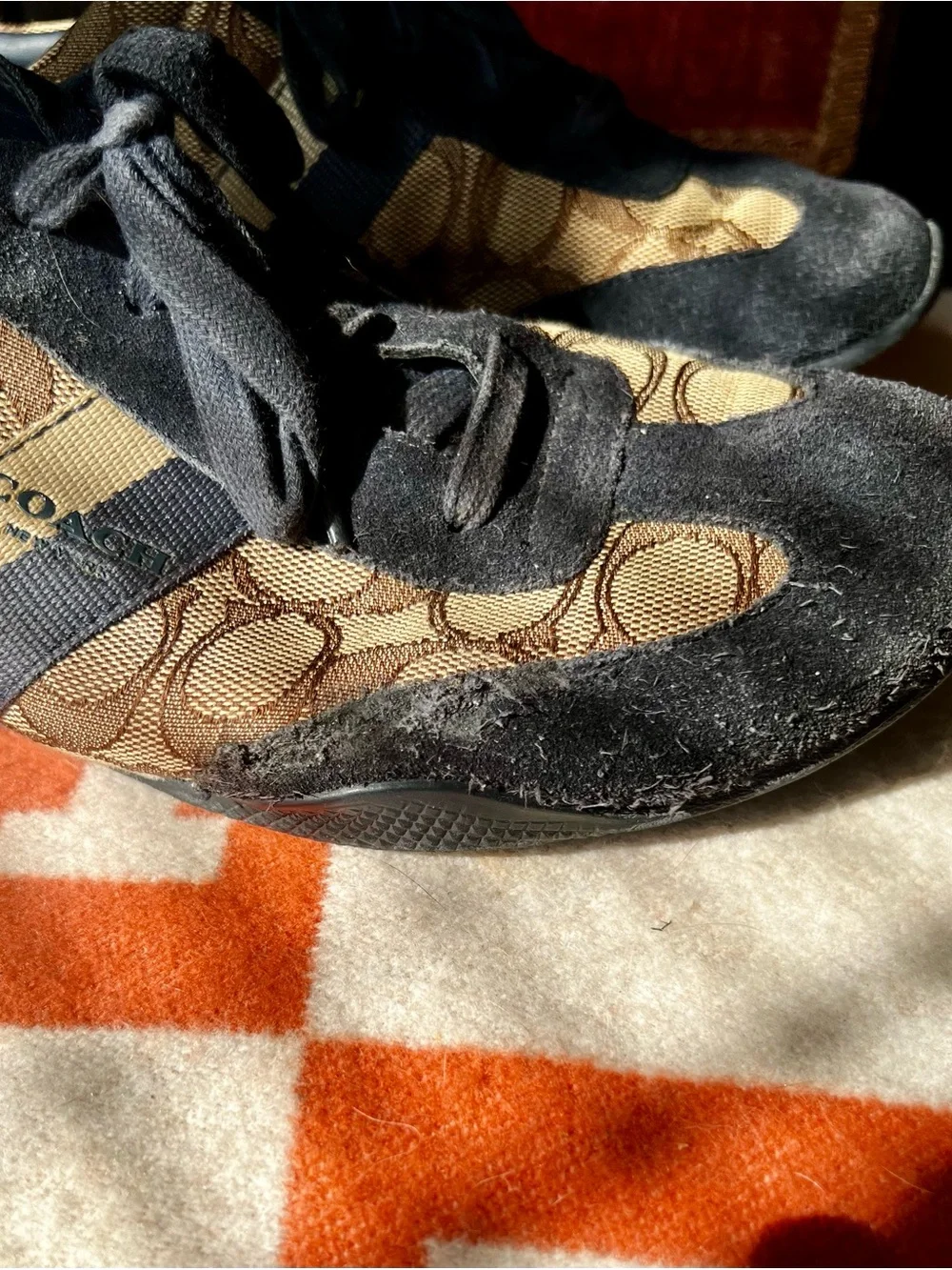 Coach Women's Blue and Tan Monogram Lace-Up Sneakers